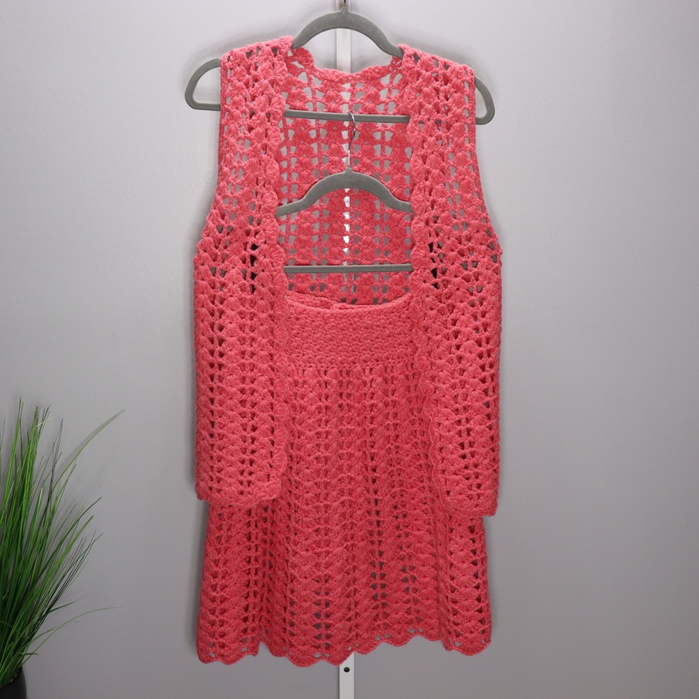 Phillice Crochet Vest and Skirt Set Womens Small Pink Excellent Boho 2‎ Piece